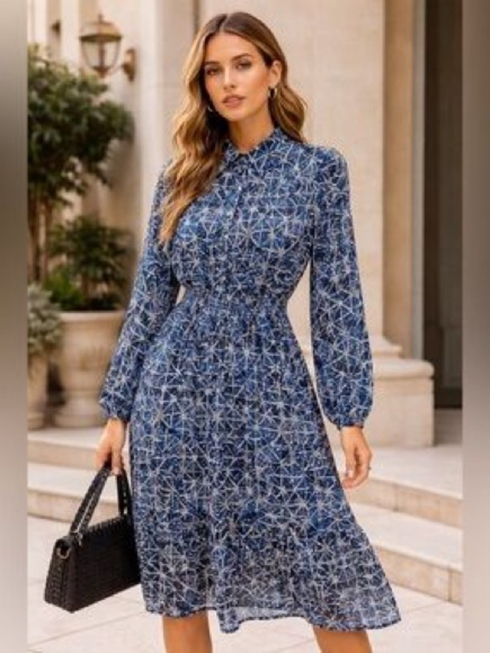 Pinch Navy Geometric Long-Sleeve Midi Dress